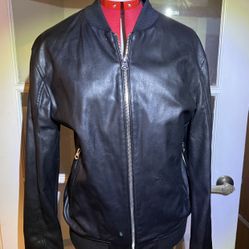 Zara Men’s Size Large Black Faux Leather Bomber Jacket Zip Pockets & Cuffs