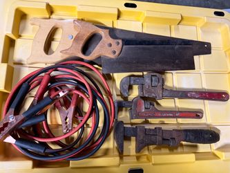 Tools, hands saw, pipe wrench
