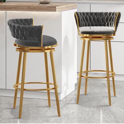 Modern Bar Stools Counter Height BarStools Set of 2, Luxury Velvet Mid Back Bar Chairs with Metal Footrest, Upholstered Kitchen Counter Stools-Black