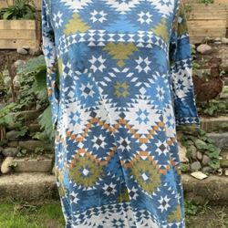 MITTOSHOP Blue Gold Aztec Print Boho Dress Oversized 3/4 Sleeve Women's S