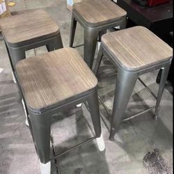 Set of 4 Counter Height Barstools with Wooden Seat, 24” Tall Bar Stools