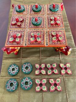 Vintage Hand Painted Wood Elephant Tic Tac Toe Board Game
