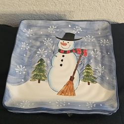 Five (5) Earthenware Square Set Plate Blue Christmas Snowman Holding a Broom Used - Excellent Cond