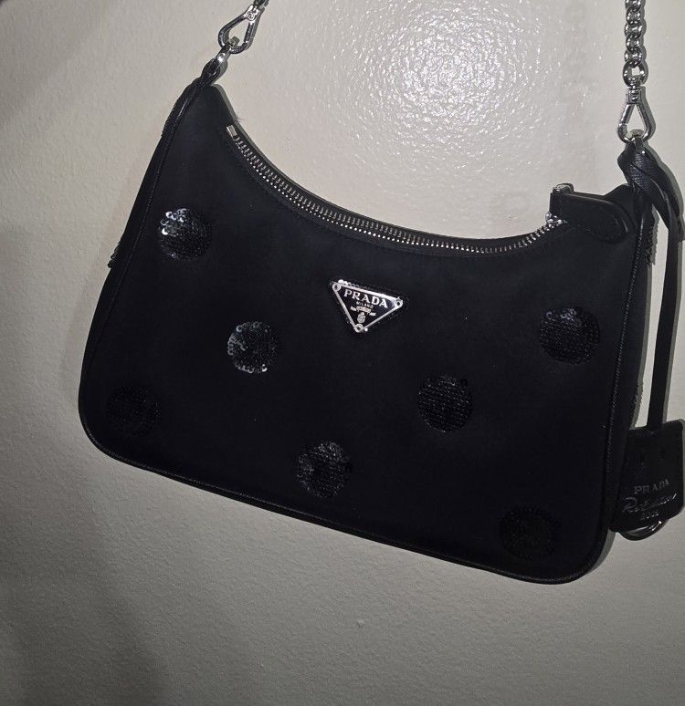 Prada Re-Edition 2005 Black Nylon Shoulder Bag with Sequins & Chain Strap
