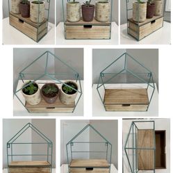 Brand New Freshly Painted Sage Green Metal Hanging Small House Shaped Plant Holder with Drawer & Shelf