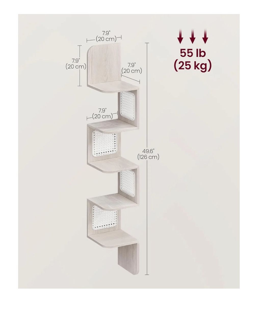 VASAGLE 5-Tier Corner Shelf Wall Mounted PVC Rattan Sides Boho Style - Oatmeal Beige