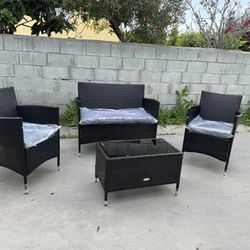 4PCS Rattan Patio Furniture Set Cushioned Sofa Chair Coffee Table Garden Grey
