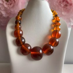 Vintage & Stunning Cognac Color With Black Swirl Graduated Baltic Amber Necklace 20”inch & 126 grams.