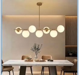 7-Light Linear Chandelier Pendant Light, Mid-Century Modern Sputnik Globe Ceiling Light in Brushed Brass Gold for Kitchen Dining Living Room