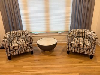 Pair of Patterned Barrel Chairs and Round Marble-Top Coffee Table