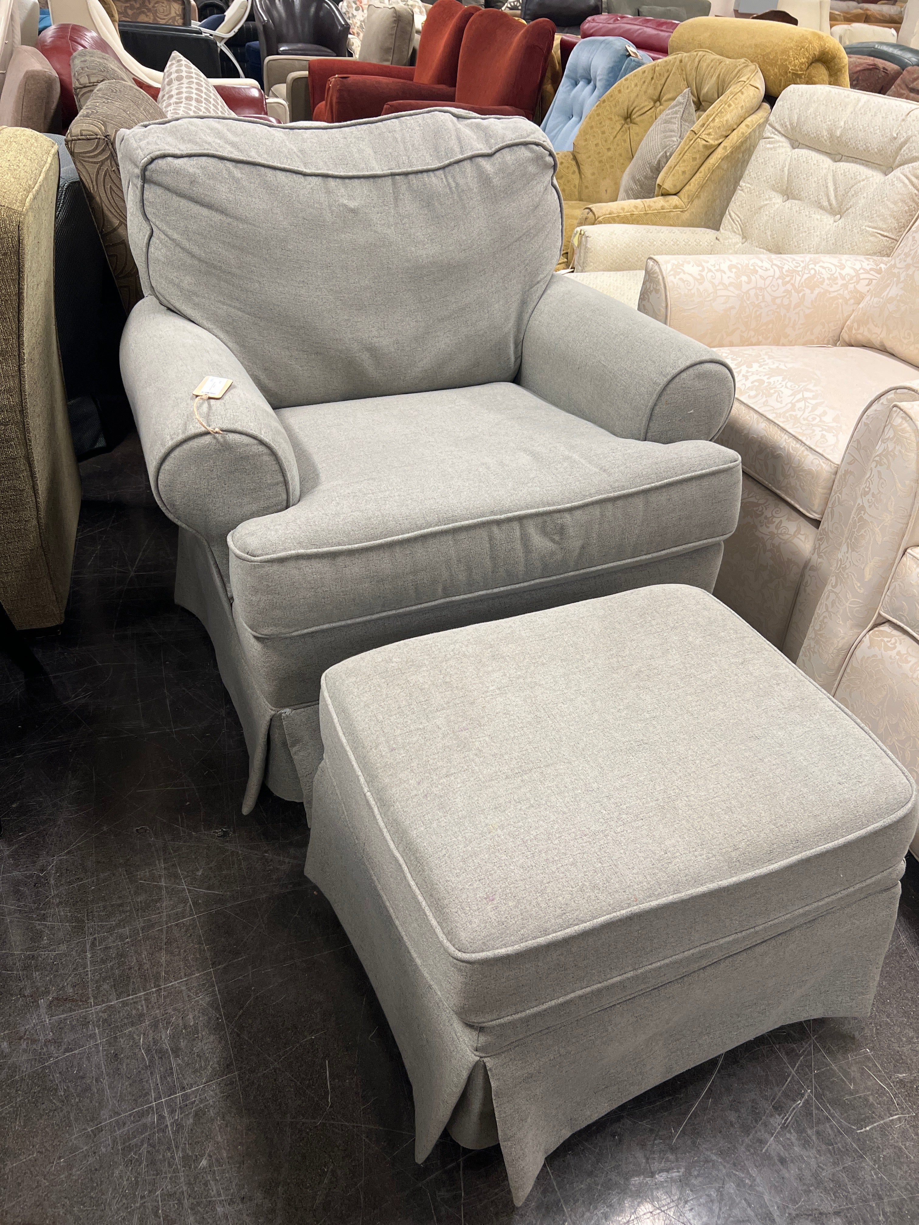 Relaxing Grey Fabric Swivel Chair and Ottoman Set
