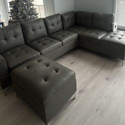 dark Gray Leather Sectional With Ottoman(w storage) 
