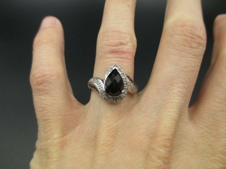 Vintage Size 7 925 Sterling Silver Onyx & Diamond Band Ring Luxury Beautiful Stunning Statement Gift Idea Classic Precious