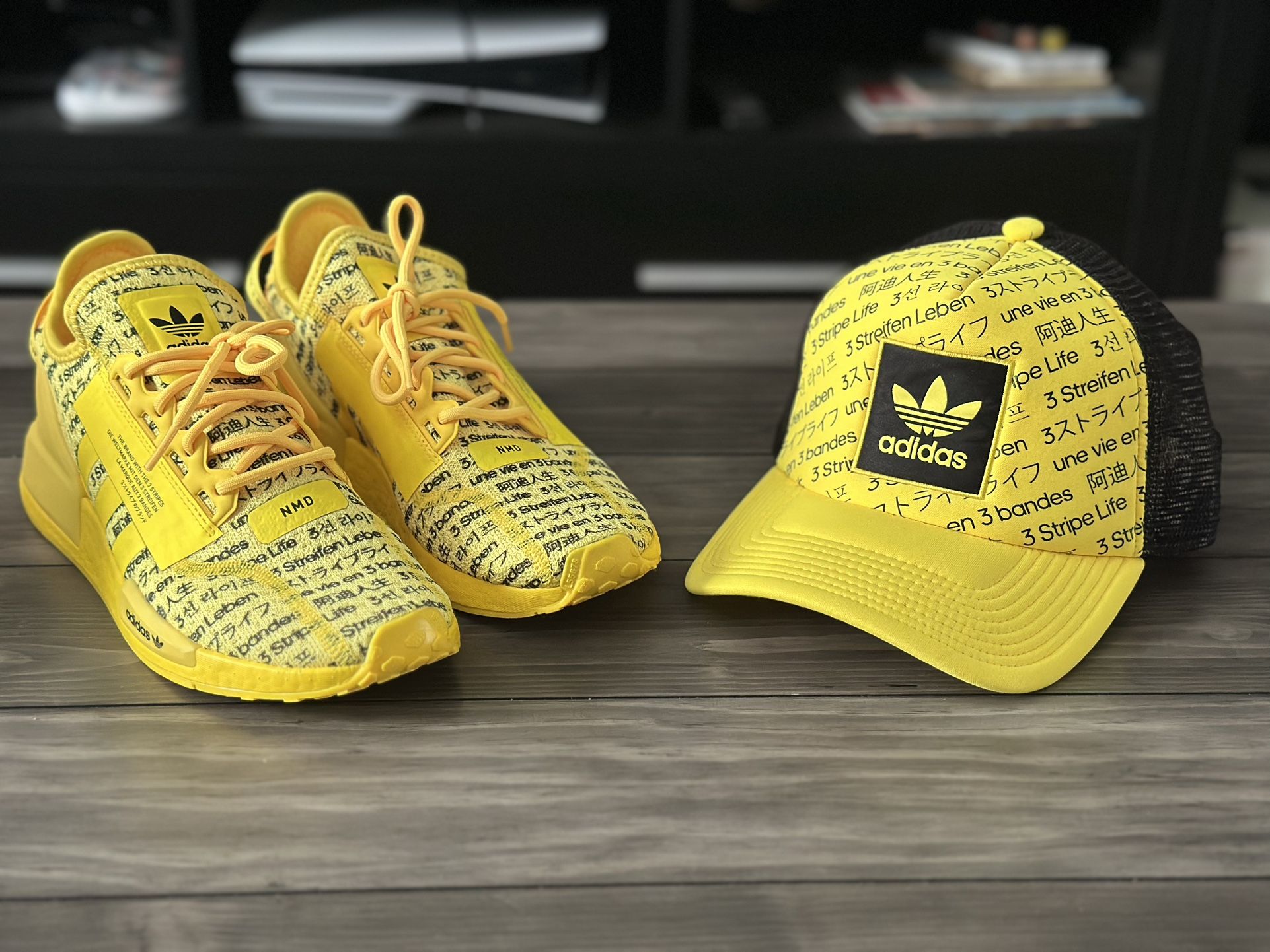 New Beam yellow and black Adidas shoes (7-men's) fits like an 8 and beam yellow adidas hat.