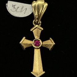 $225 Yellow Gold Cross w Red Stone