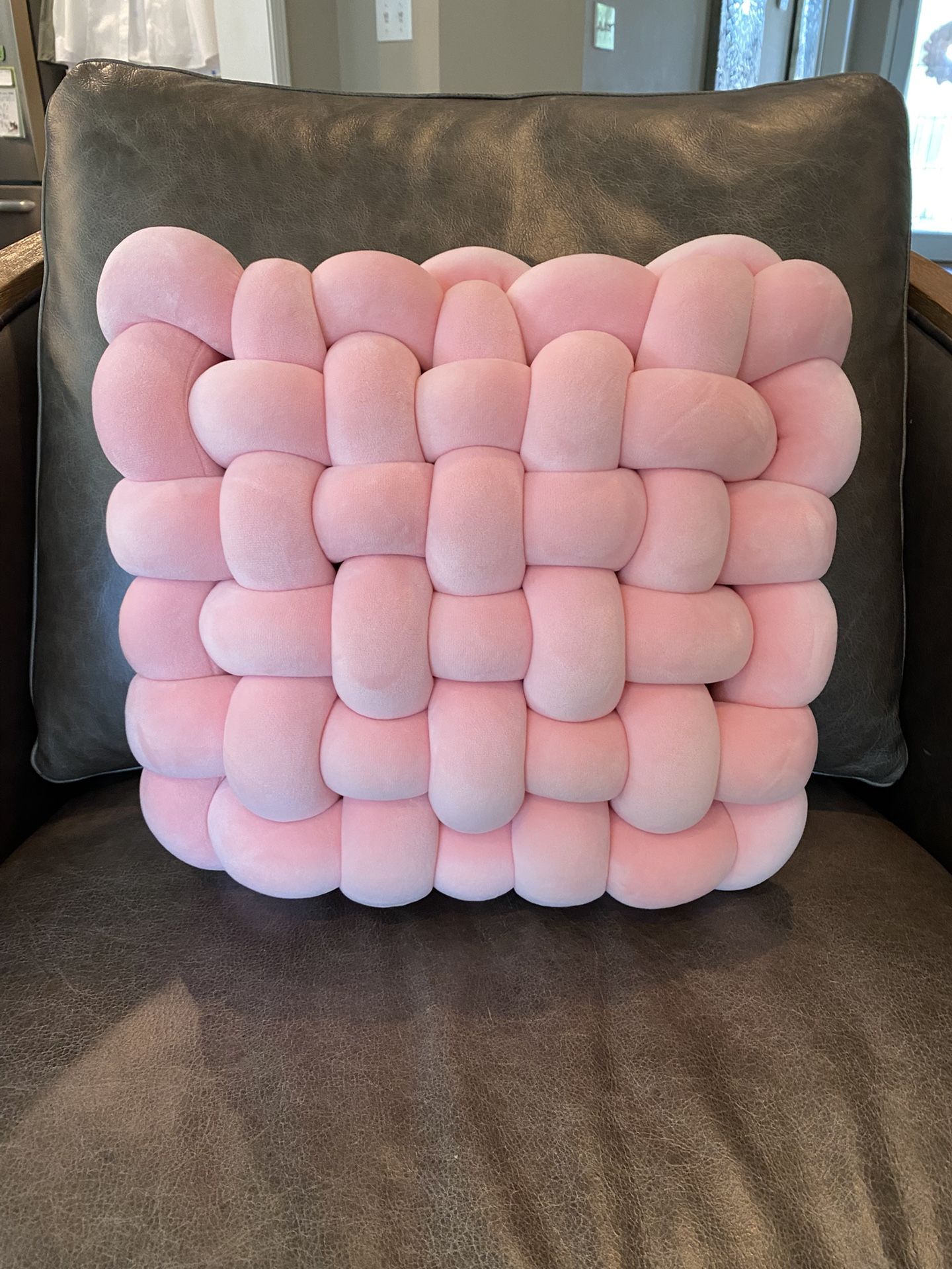 (Retail $29) Pink Velvet Knot Pillow (CLEAN LIKE NEW) washable 13”x11”x5” deep (see pics)
