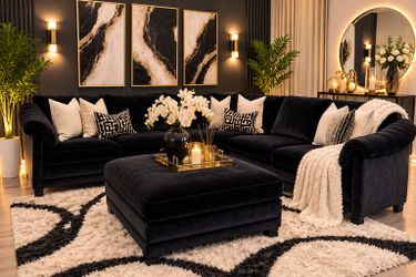 Black Velvet Sectional Sofa with Ottoman