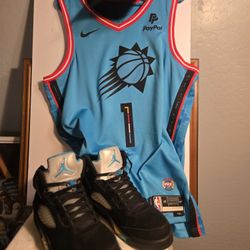 AJ 5 Aqua (size11) D Booker Swingman Jersey W/hat