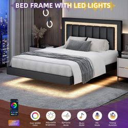 Floating Bed Frame with Smart LED Lights, Faux Leather Upholstered Platform Bed with Diamond PU Headboard Mattress not included  SIZE QUEEN