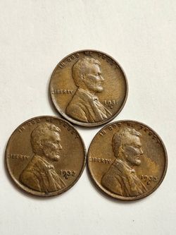 1931-D , 1932-D , 1933-D  Wheat Cent Penny Coins