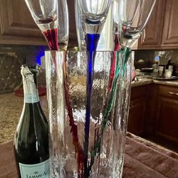 PRICE DROP! Vintage Lot of Six Colored Artland Hand Blown Long Stem 17" Champagne Flutes w/ Lg. Glass Vase