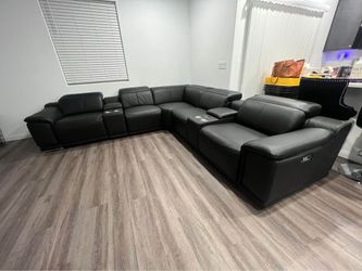 $0 Down!  New Power 7 Piece / 2 Console Top Grain Italian Leather Sectional.  Multiple Colors Available.  110” x 110” x 39”H.  Free Delivery!