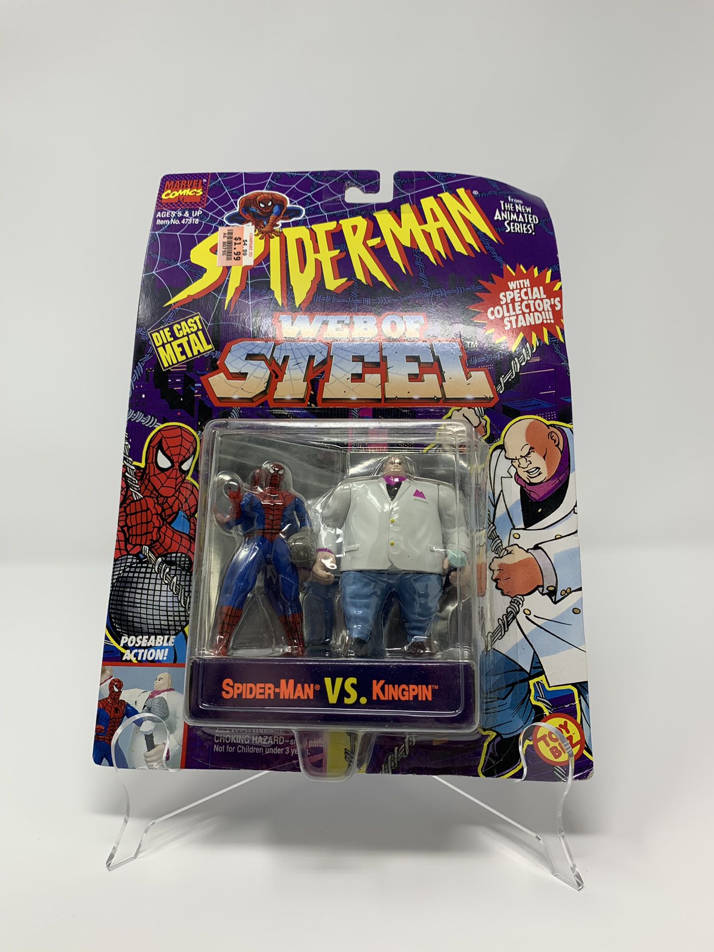 BRAND NEW Vintage Marvel’s Spider-Man Web of Steel (Die Cast Metal Miniatures) Spider-Man Vs Kingpin (Card Slightly Bent)