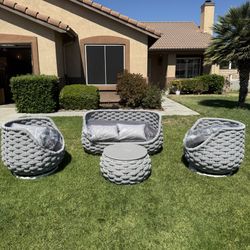 4-Piece Aluminum Patio Furniture Set – Outdoor Sofa with Woven Rope, Rotating Chairs & Storage Table, Ideal for Garden, Deck, Poolside, Balcony