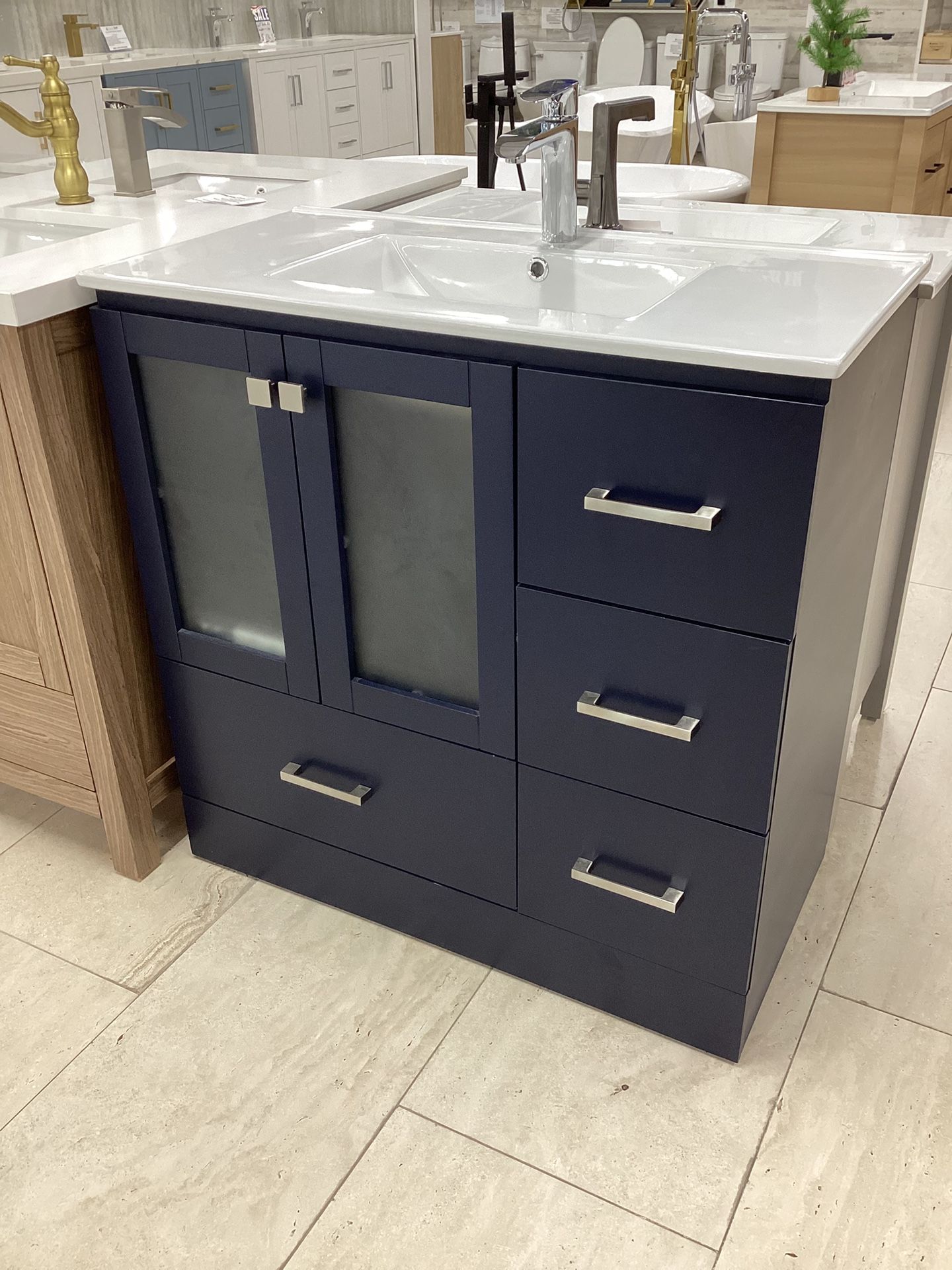36” Vanity, Navy Blue, Solid Wood, Ceramic Top, Glass Door, Available For Pick Up