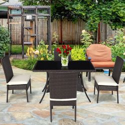 5 Piece Outdoor Pàtio Furnitûrè Ràttàn Dînïng Tàblè Sèt with Cushioned Chàïrs