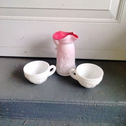 Kanawha Milk Glass Pitcher With Satin Red Inside + 2 Cups