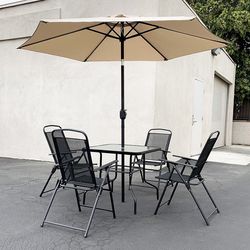 (Brand New) $135 Outdoor 6pcs Patio Set with 32x32” Table, 4pc Folding Chairs and 10ft Tilt Umbrella 