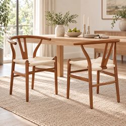 Walnut Wishbone Dining Chairs – Set of 2 | Solid Wood Woven Seat