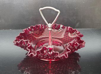 Beautiful Ruby Red Hobnail Ruffled Candy Dish With Metal Handle
