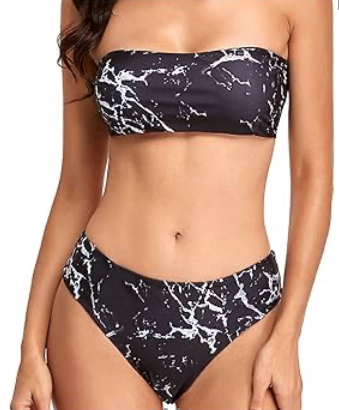 Women Bandeau 2 Piece Set Bikini Set Crop Top Solid Color Leopard Printed Strapless Plus Size Swimsuit High Waist Bikini Swimsuits