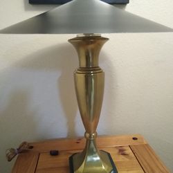 UNIQUE RARE VINTAGE PAIR OF BRASS LAMPS W/METAL SHADES.  MCM  EXCELLENT CONDITION!