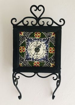 Unique Talavera Tile Wall Clock Wrought Iron Made In Mexico Vintage Mexican 60’s 70’s 