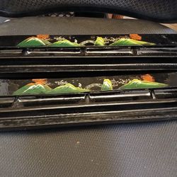 2 Vintage Chinese Handpainted Black Lacquered Mahjong Tile Holders