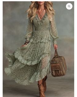 Vintage And Elegant V-neck Ruffled Leopard Print Chiffon Midi Dress