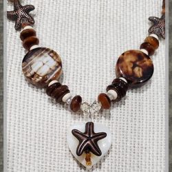 Beach Sea Turtle And Starfish Handmade Beaded Swarovski Crystal, Semiprecious Stone, Glass,  and Shell Beaded Necklace