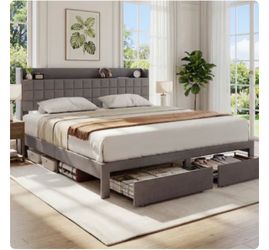 Sweetcrispy King Gray Upholstered Platform Bed Frame with 2 Storage Drawers and Fabric Headboard