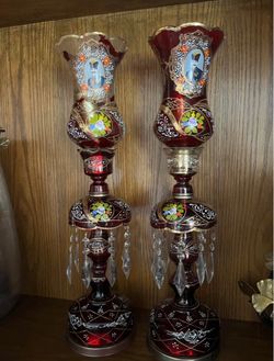Pair of Ruby Red Bohemian Glass Lustre Vases