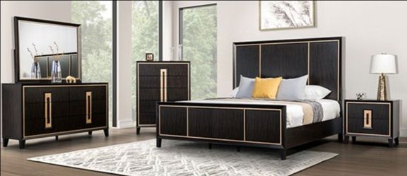 Brand New Espresso & Gold 4pc Queen Bedroom Set