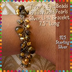 925 STER Silver Tiger’s Eye & Gold Pearls Bracelet 7.5”
