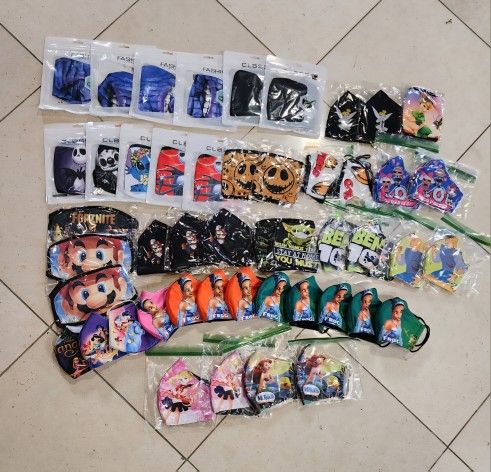Disney Mario & Cartoon Character Adult Size Cloth Face Masks Lot of 47 NEW