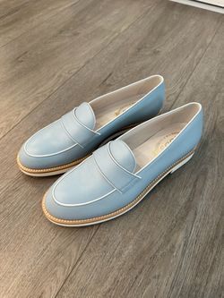 <Brand New> Tod's Powder Blue Leather Loafers with White Trim