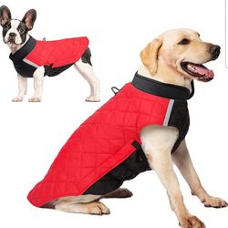 Dog Winter Coat Quilted Adjustable Snowsuit Reflective Warm Fleece Jacket Waterproof Windproof Dog Cold Weather Clothes Vest Apparel for Dog Red+Black