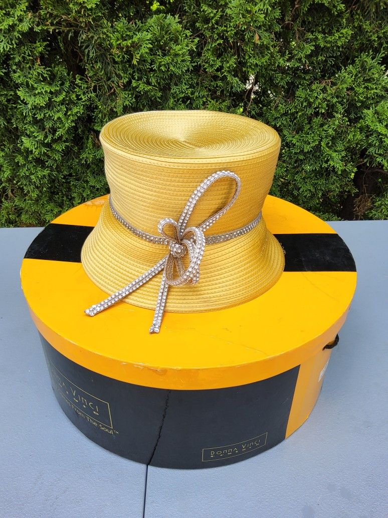 VTG Y2K Donna Vinci Couture Hat Yellow Rhinestone Bow Gold Hat