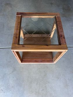 Rustic Wood & Etched Glass Square End Table / Side Table