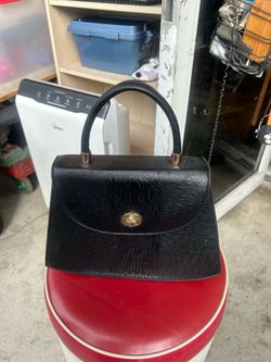 Black Ostrich Embossed Leather Top Handle Handbag